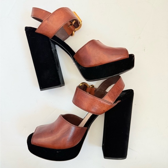 Prada Black/Brown Velvet & Leather Platform Block Heel Ankle Strap Sandals EU 39 - Picture 5 of 9